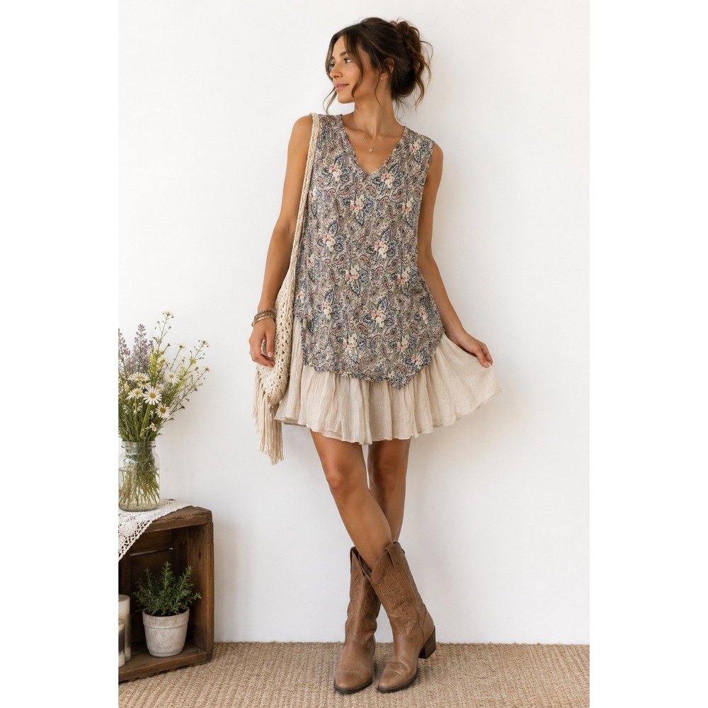 Paisley Vine Tunic Dress L Boho Paisley Drop Waist Cottagecore Festival